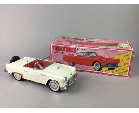 THUNDERBIRD TYPE 1956 MODEL VEHICLE, boxed, along with a painted model of an aeroplane and a 'Military Police' enamel sign