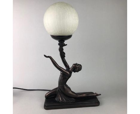 ART DECO STYLE FIGURAL LAMP, 48cm high overall, with mottled glass circular shade and on a rectangular base