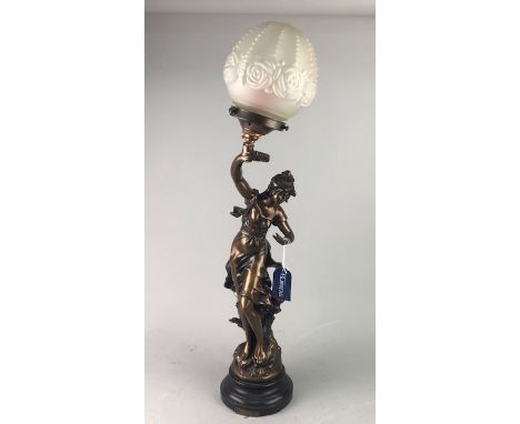 BRONZED RESIN FIGURAL LAMP, in the neoclassical style, with opaque glass shade, 70cm high