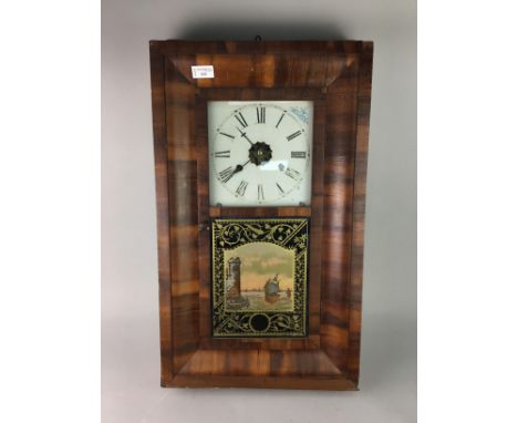 VICTORIAN WALL CLOCK, with reverse painted panel of boats