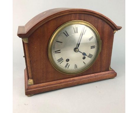 MAHOGANY MANTLE CLOCK, with silvered dial, 28cm wide