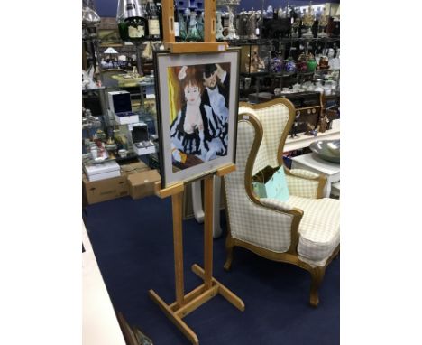 CONTEMPORARY PICTURE EASEL, along with a framed painting depicting a couple, by John Ross (2)
