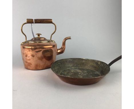 VICTORIAN COPPER PAN, 20cm diameter, with iron handle, along with a copper kettle, set of bellows, pair of binoculars. candle
