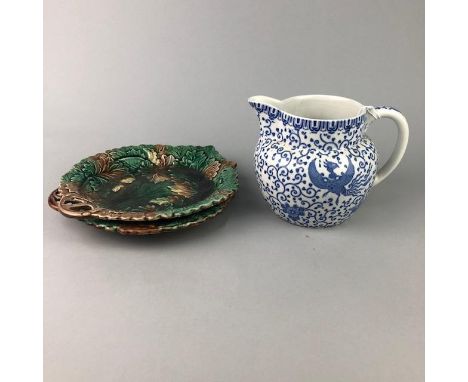 PAIR OF BELFIELD &amp; CO LEAF SHAPED PLATES, each 24cm wide, along with a Myott jug (3)
