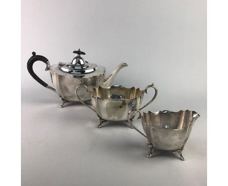 TWO SILVER PLATED TEA SERVICES, along with a hotel plate tea service, water jug, fish knives and forks and entree dishes
