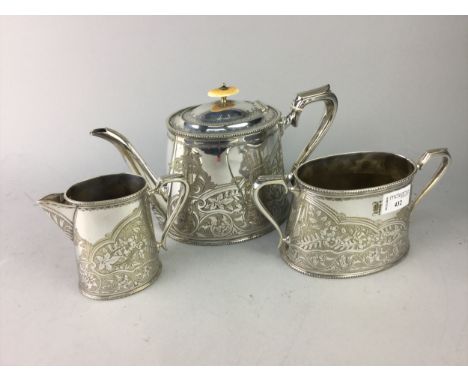 SILVER PLATED THREE PIECE TEA SERVICE, along with two silver plated trays and a Christening mug