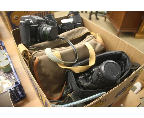 Box of cameras including Bronica, Nikon etc. Including - Zenza Bronica zenzanon 120 1:2.8 f=75mm fitted with Hoya 62mm skylig