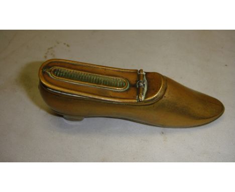 Early 20th century brass vesta case modelled as a Ladies shoe with hinged lid and button release 8 cms