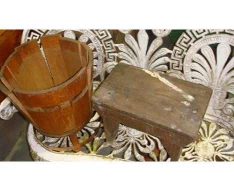 VIntage brass bound barrel jardiniere, pine stool, cabinet