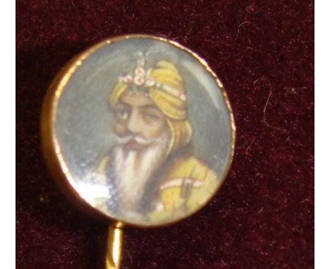 An interesting mid 19th century unmarked gold pin set with a portrait miniature of Maharaja Ranjit Singh founder of the Sikh 