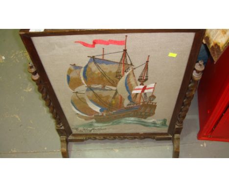 Vintage oak framed woolwork barley twist firescreen depicting The Mayflower
