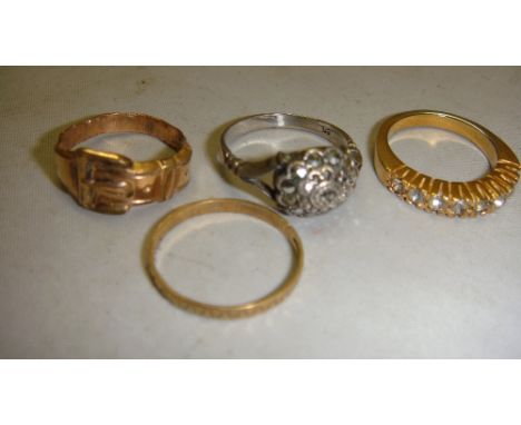 Vintage silver & marcasite ring, costume ring, gold plated buckle ring, 9 ct gold wedding band with engraved decoration