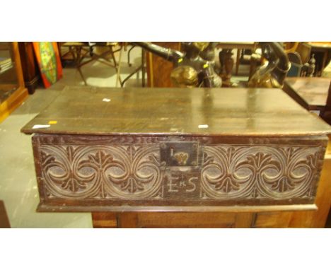 Late 17th oak Bible box with carved tracery decoration initialled E S, hinged lid and internal candle box