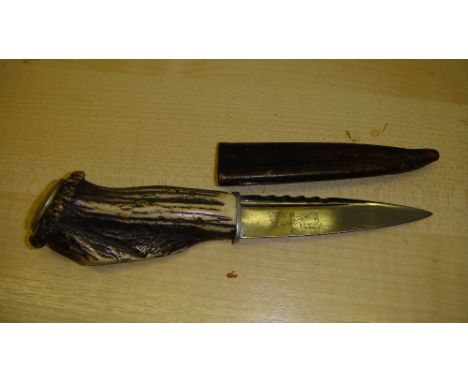 Vintage antler horn handled Skean Dhu knife in leather sheath by J Nowill & Sons Sheffield blade length 9 cms, overall length