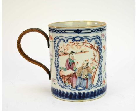 A Chinese export porcelain mug, 18th century, blue and white with polychrome enamel, decorated with scenes of a courting coup