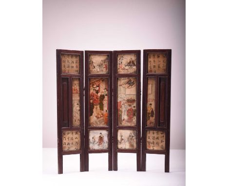 A Chinese rosewood and painted marble table screen, late Qing DynastyComprising four folds, each containing three marble pane