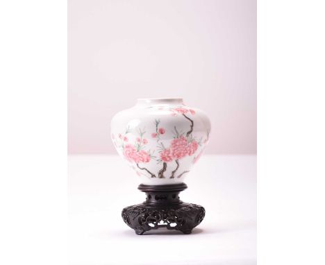 A Chinese fengcai decorated vase, Qianlong seal markOf ovoid form and finely painted in colours with peach blossom and foliag