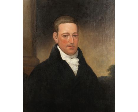 19th century, half-length portrait of a gentleman outside a country house, oil on canvas 30" x 25"