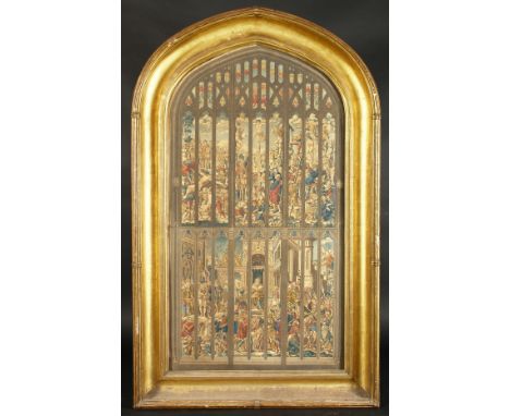 A 19th century coloured print of the east window of Kings College chapel, in an arch top frame, 39"x21".