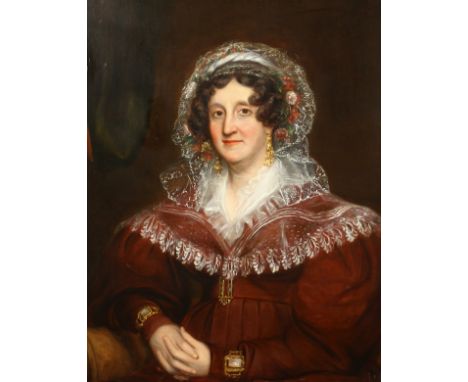 19th century English school, portrait of a lady in the headdress intertwined with flowers, oil on canvas laid onto board, 36"