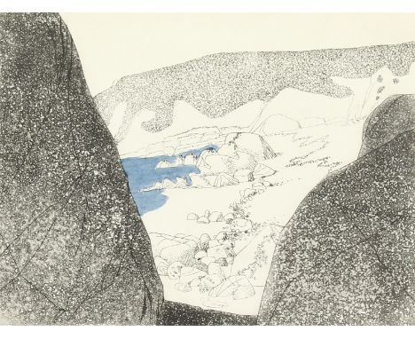 A print of Gunwalloe beach, Cornwall, inscribed, numbered and dated, 1991, 6" x 8".