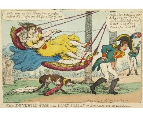 Teggs Caricatures no.9, 'The Dunghill Cock and Game Pullet or Bonnie Beat out of the Pitt', A hand coloured print, 10" x 13.5