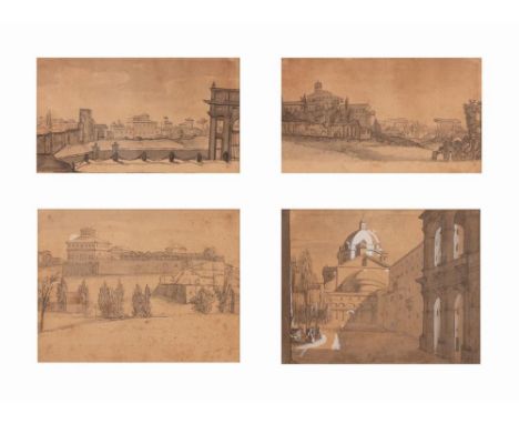 XIX secolo  Lotto di 4 disegni raffiguranti vedute di Roma XIX secoloChina e biacca su carta cm 14,5x26; in cornice cm 62x79