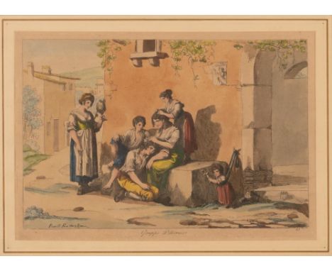  Bartolomeo Pinelli (Roma, 1781 - Roma, 1835) Gruppo pittoresco incisione acquerellata cm 21x30,5; in cornice cm 37,5x51,5 Ac