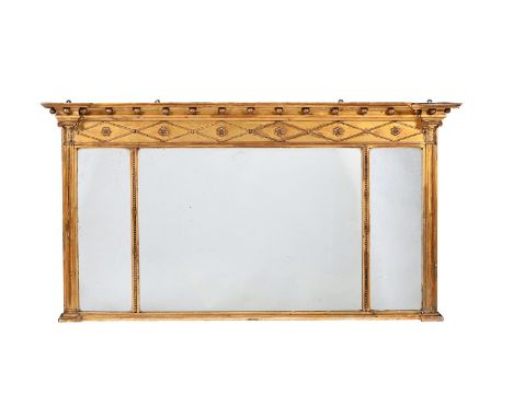 A GILTWOOD AND COMPOSITION OVERMANTEL WALL MIRROR  FIRST HALF 19TH CENTURY  80cm high, 147cm wide 