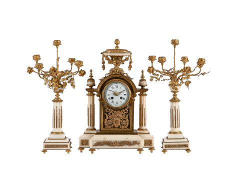 A FRENCH LOUIS XVI STYLE ORMOLU AND WHITE MARBLE MANTEL CLOCK GARNITURERETAILED BY MAPLE AND COMPANY, PARIS, LATE 19th CENTUR