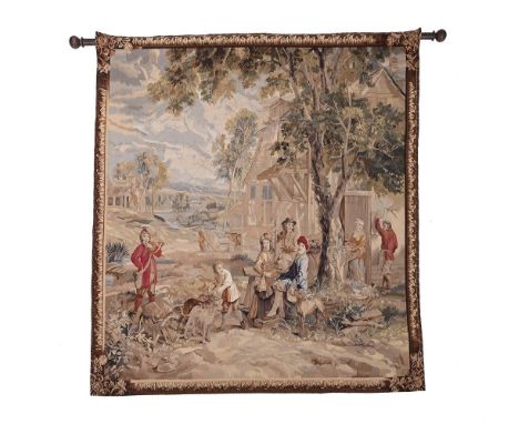 A TAPESTRY WALL HANGING IN 17TH CENTURY TASTE  EARLY 20TH CENTURY With pastoral scene of figures and hounds in a rustic setti