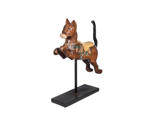 A BALINESE POLYCHROME MODEL OF CAT Mounted on a later stand base 103cm high overall, the base 63 x 25cm