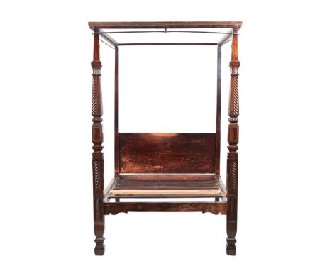 A VICTORIAN MAHOGANY AND BRASS INLAID FOUR POSTER BED MID 19TH CENTURY 217cm high, 138cm wide, 188cm deep  Condition Report: 