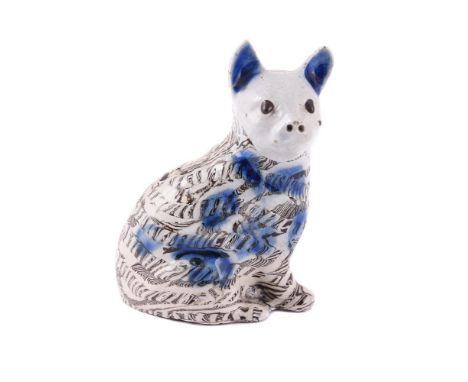 A STAFFORDSHIRE AGATE-WARE SALT-GLAZE MODEL OF A SEATED CAT  MID 18TH CENTURY Typically modelled and hollow, 11cm high  Condi