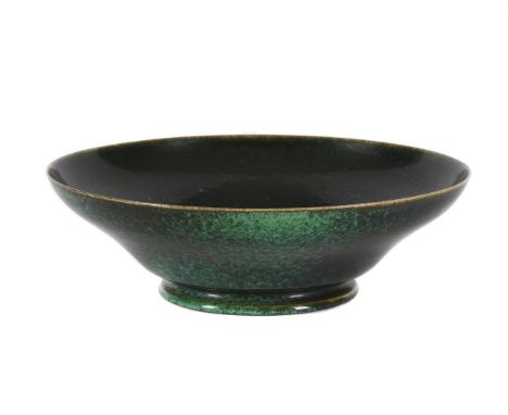 A RUSKIN POTTERY LOW-FIRED BOWL DATED 1927 with soufflé mottled glaze in dark green and black  impressed marks 'RUSKIN ENGLAN