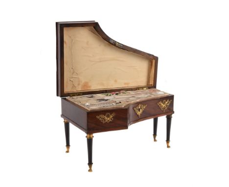 A MAHOGANY SEWING BOX AND HINGED COVER MODELLED AS A PIANOFORTE, IN FRENCH EMPIRE STYLE  MID 19TH CENTURY  With fitted interi