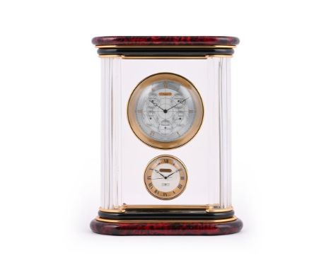 A RED MARBLE, CRYSTAL AND GILT METAL WORLD TIME CLOCK RETAILED BY ASPREY, LATE 20TH CENTURY With a red marble top and base, s