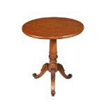 A VICTORIAN WALNUT AND BURR OAK TRIPOD TABLE