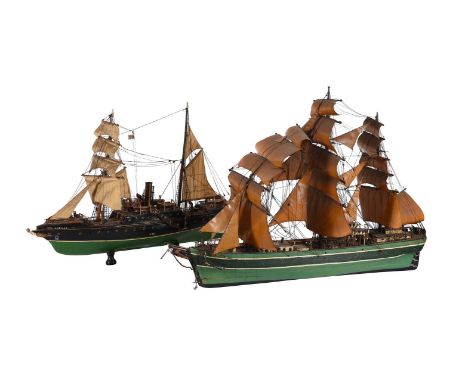 A SCRATCH BUILT MODEL OF A SHIP  With three masts above the green painted hull 56cm high, 77cm long Together with a model of 