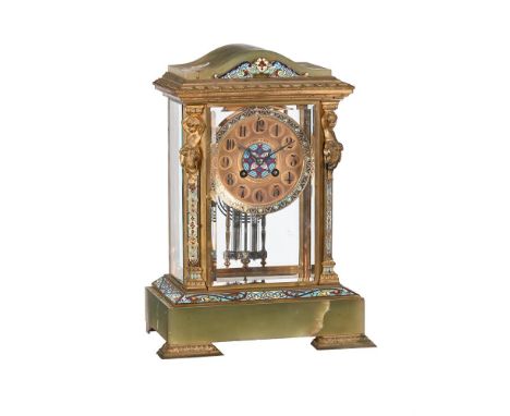 A FRENCH GILT BRASS, GREEN ONYX AND CHAMPLEVE ENAMELLED FOUR-GLASS MANTEL CLOCK RETAILED BY ALDRED AND SON, GREAT YARMOUTH, C