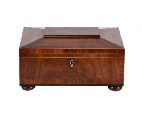 A MAHOGANY WORK OR DRESSING BOX  EARLY 19TH CENTURY  With horn escutcheon, the interior with removable fitted slide, with two