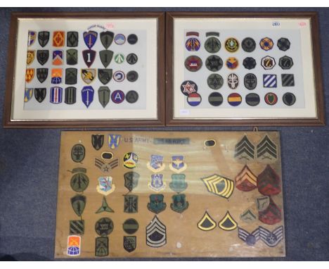 Three displays of mainly American Military Division patches, available to post without glass in P&amp;P Group 2 (£18+VAT for 