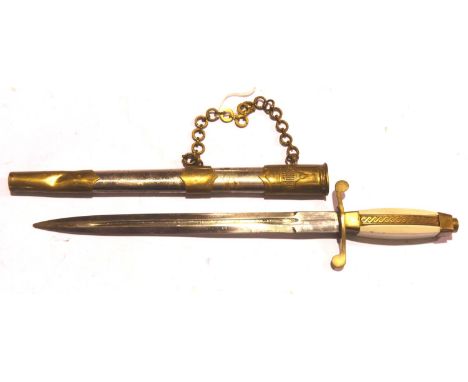 Communist period Bulgarian officers dress dagger in steel and brass scabbard with suspension chain. P&amp;P Group 2 (£18+VAT 