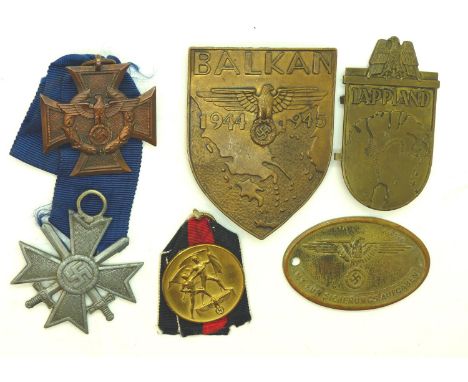 Post-war copy German customs long service medal, Danzig criminal identity disc, damaged 1938 commemorative medal and two copy