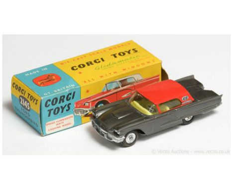 Corgi a boxed 2415 Ford Thunderbird graphite grey body, red hood, lemon interior, silver trim with some metal detailing. Cond