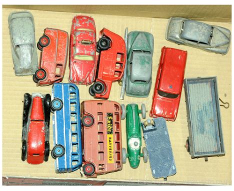 Dinky - an unboxed group of Diecast Models which includes a 233 Cooper - Bristol Racing Car in green, a Duple Roadster Leylan