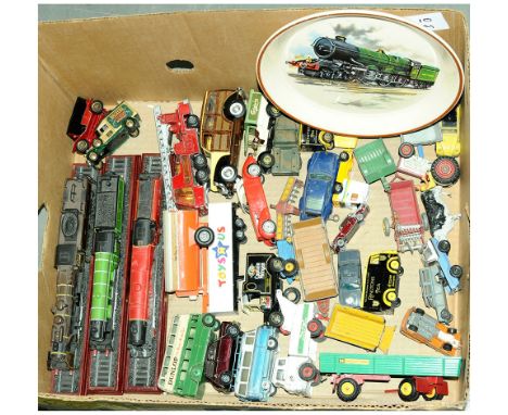 A mixed unboxed group to include 3x Static Trains &amp; Plate, Matchbox Super Kings K-9 Fire Tender, Corgi Juniors Rough Terr