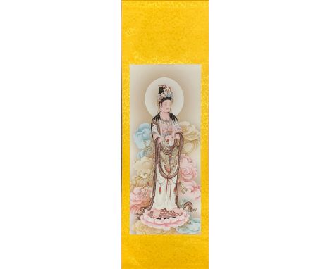 A Chinese silk mounted scroll of the goddess Guanyin, 50 x 145cm.