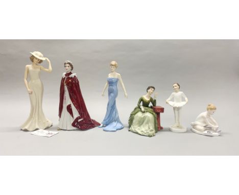 A group of four porcelain Royal Doulton figurines, one Royal Worcester figure and one Regal collections figure, some with box