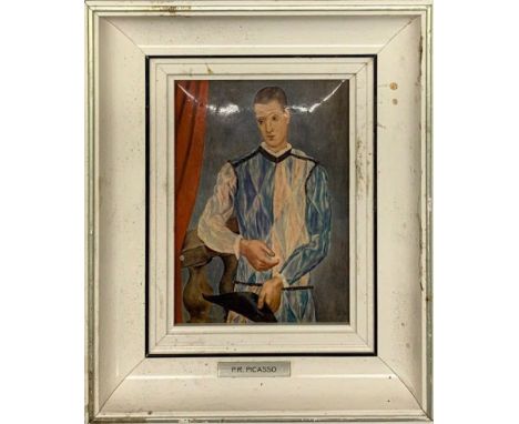 A small framed oil finished lithograph after Picasso with Picasso museum label verso, frame size 19 x 23cm.